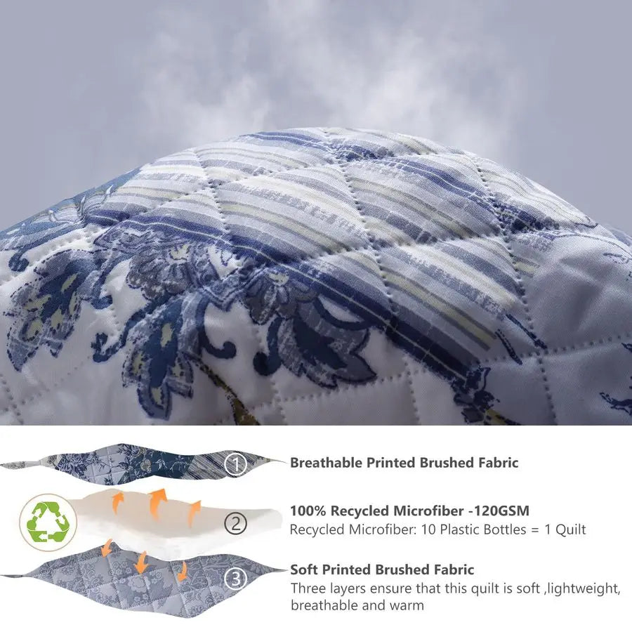 XL Queen Quilt Set 90x96 Inches, Blue Floral Boho Bedspread Farmhouse