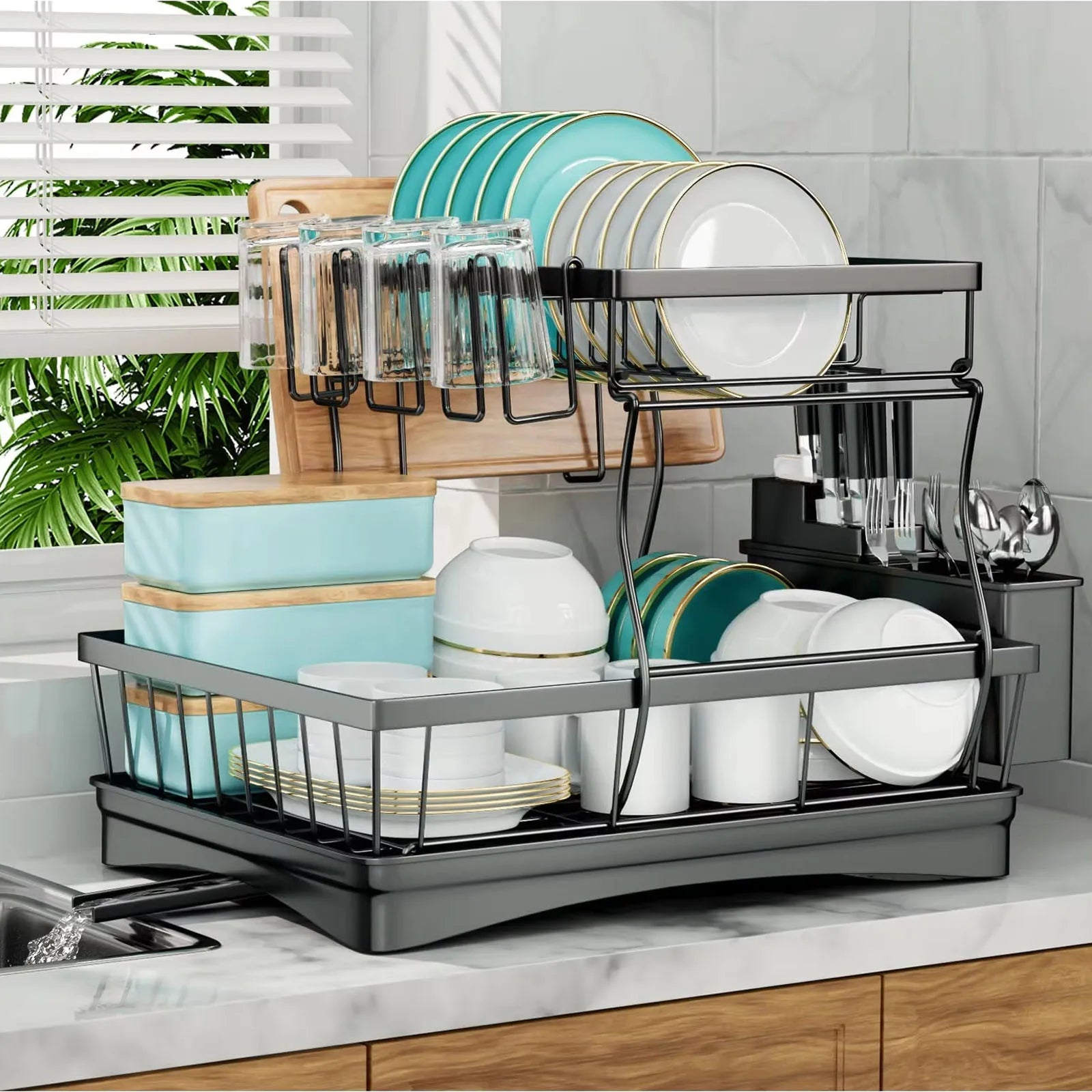 Large 2-tier dish drying rack for kitchen countertops