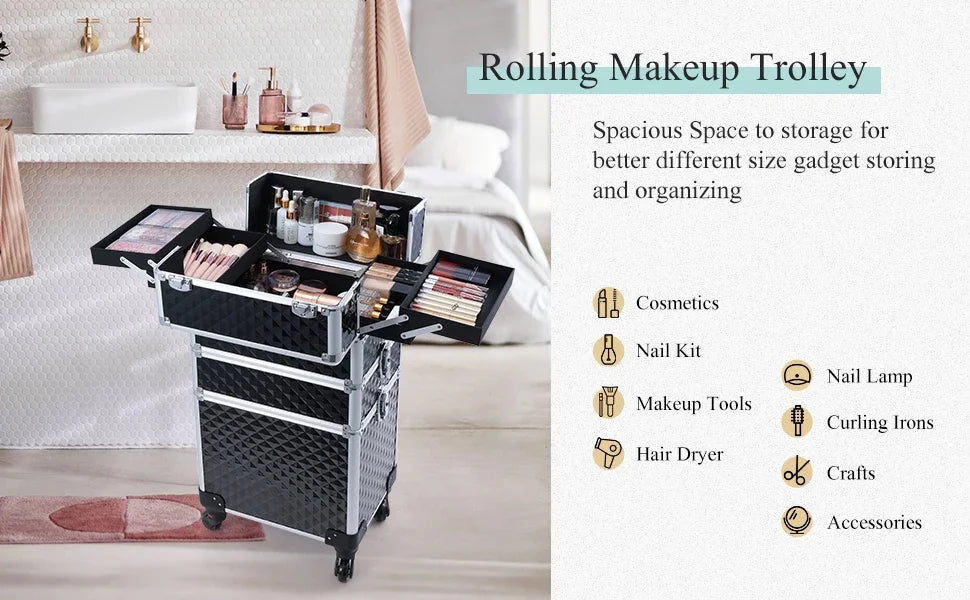 Rolling Makeup Case 3 In 1 Removable
 Make Up Case Cosmetology Case On Wheels 
Large Capacity Lockable Makeup Trolley For Salon
