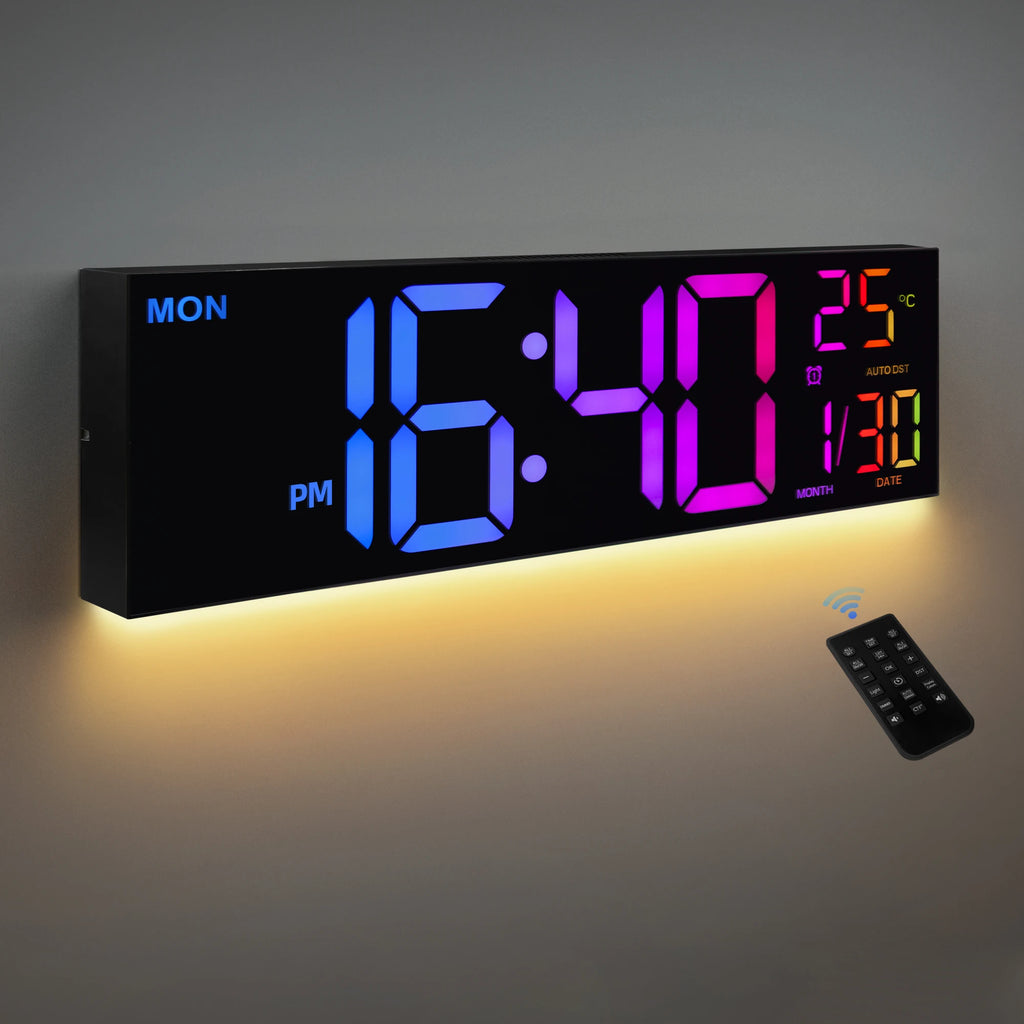 16" Large Digital Wall Clock, Big LED Display with Remote, 8 RGB Color,