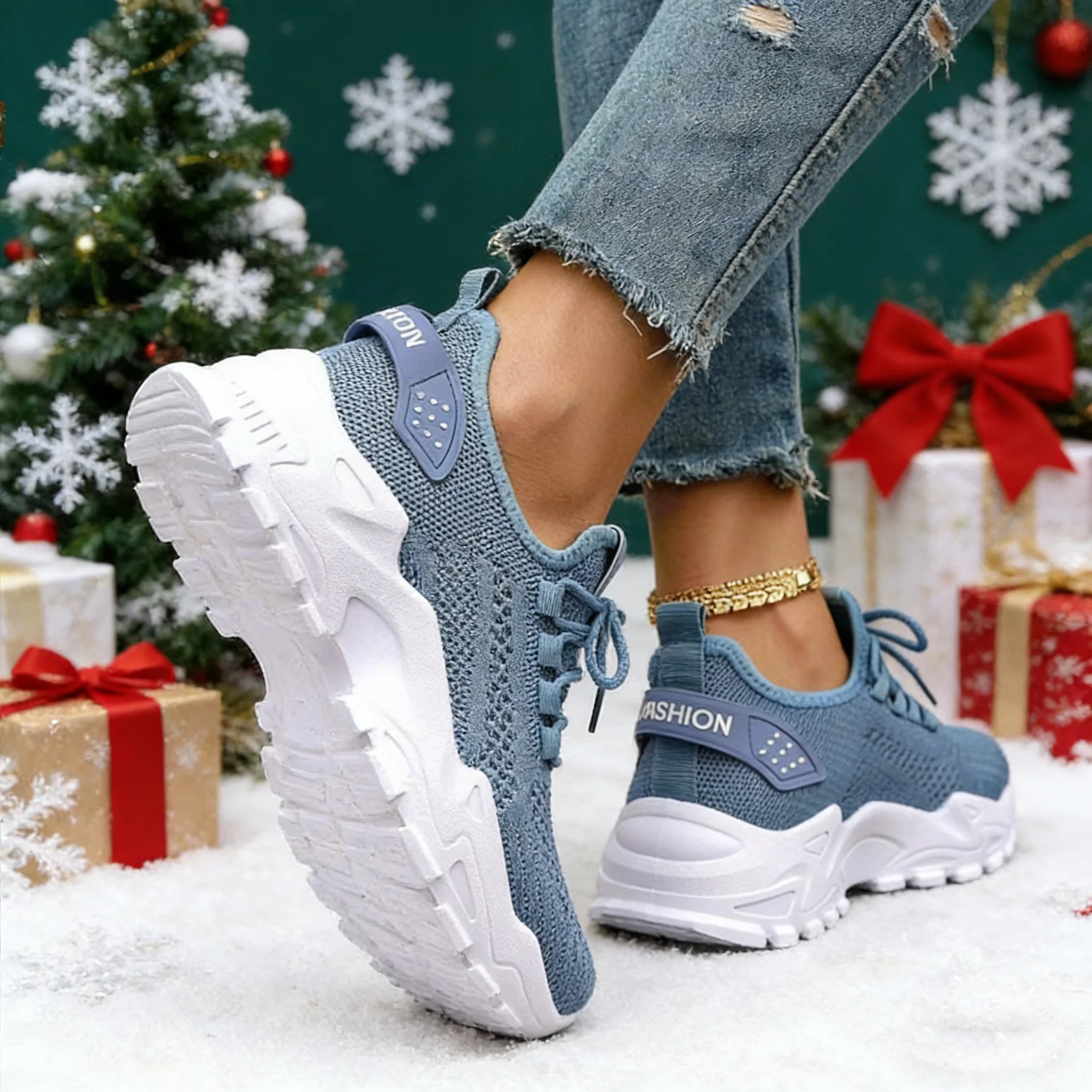 Fashion Knitted Sneakers for Women Mesh Breathable Lace-up Casual Sports Shoes Women's Casual Shoes