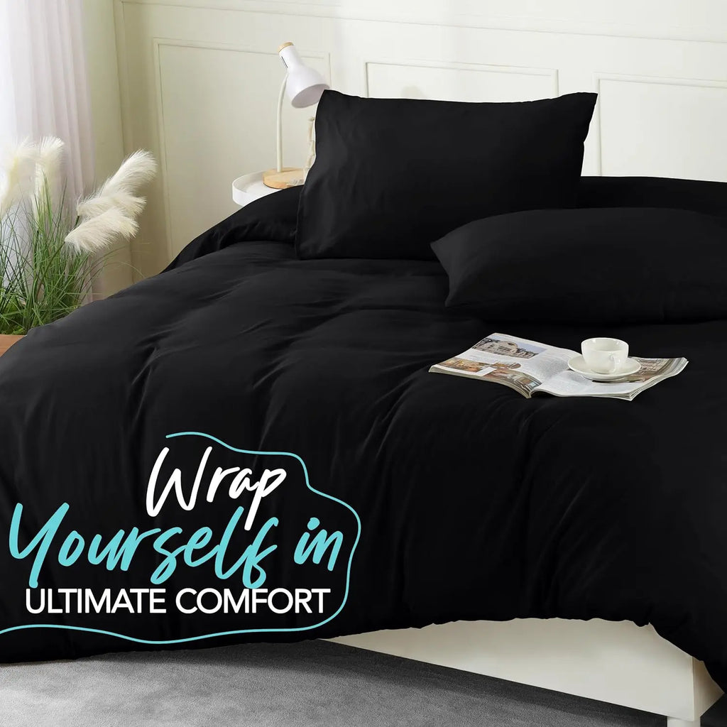 Queen Size Duvet Cover Set with Pillowcases - 3 Piece Soft Brushed Microfiber Bedding, Zipper Closure (Black)