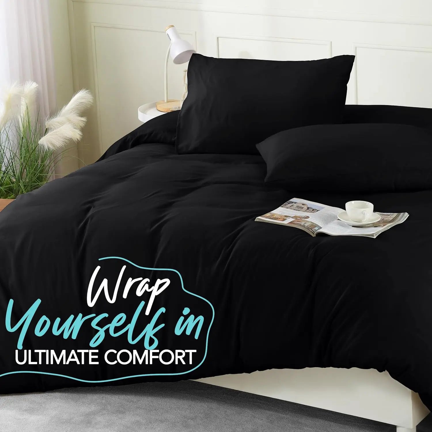 Queen Size Duvet Cover Set with Pillowcases - 3 Piece Soft Brushed Microfiber Bedding, Zipper Closure (Black)