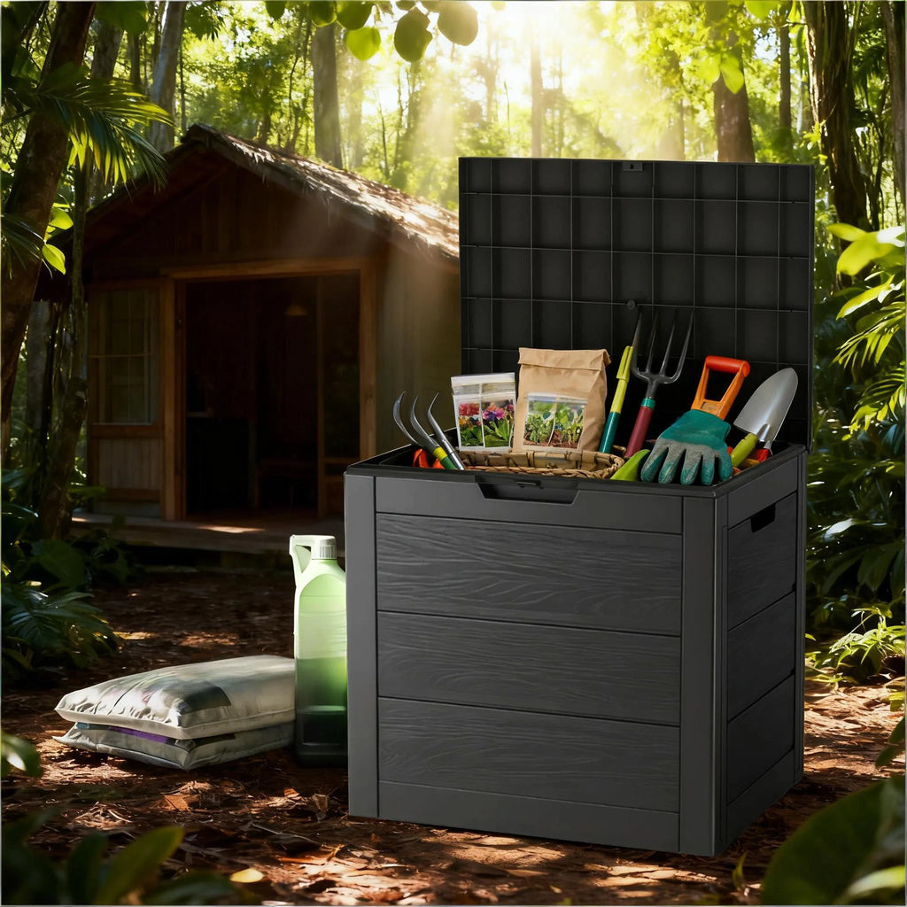 75 Gallon Large Outdoor Deck Box with Lockable Lid & Heavy-Duty Hinged Door - White/Green Heavy-Duty Plastic Storage Container,