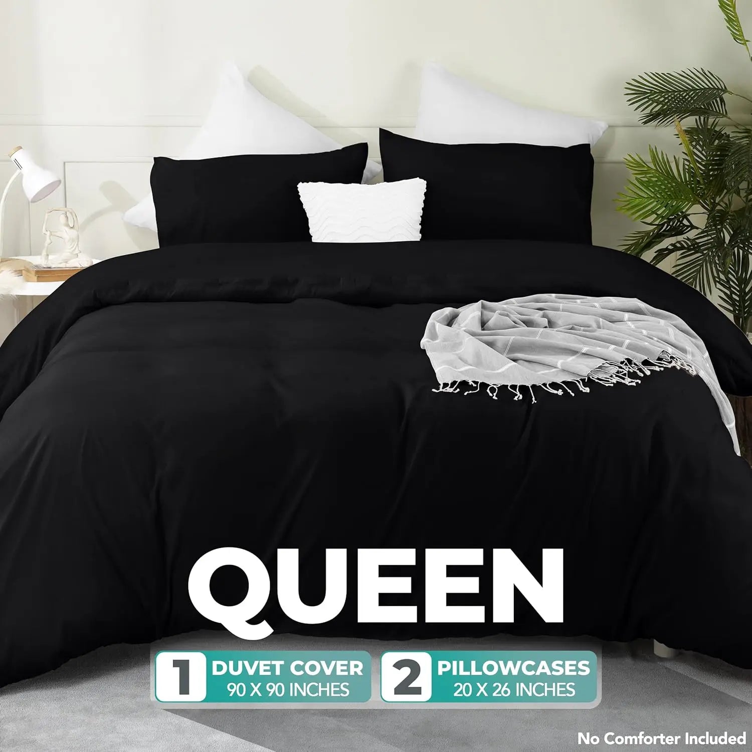 Queen Size Duvet Cover Set with Pillowcases - 3 Piece Soft Brushed Microfiber Bedding, Zipper Closure (Black)