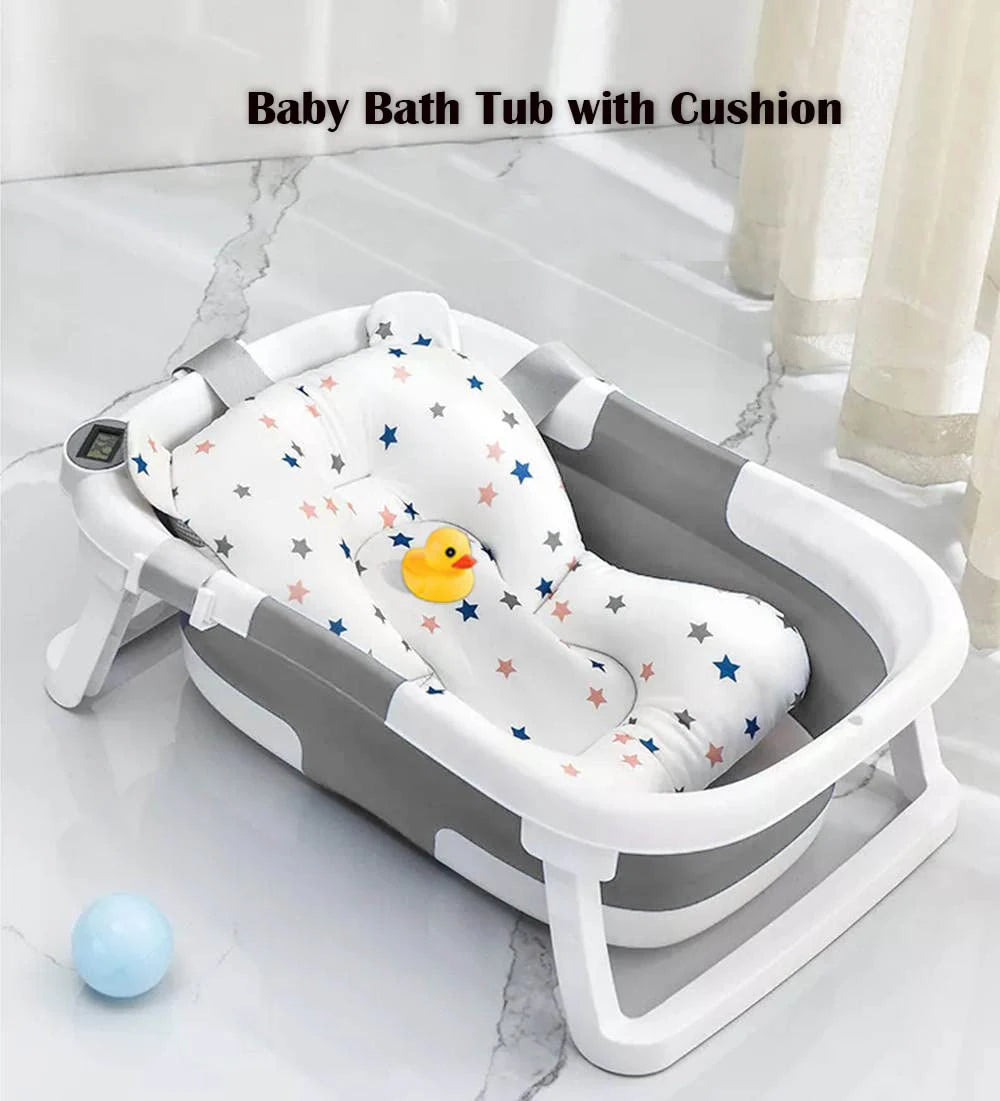 Baby Bath Tub with Bath Cushion Foldable Bathtub with Thermometer Shower Cap Shower and Toddler 0-36 Months
