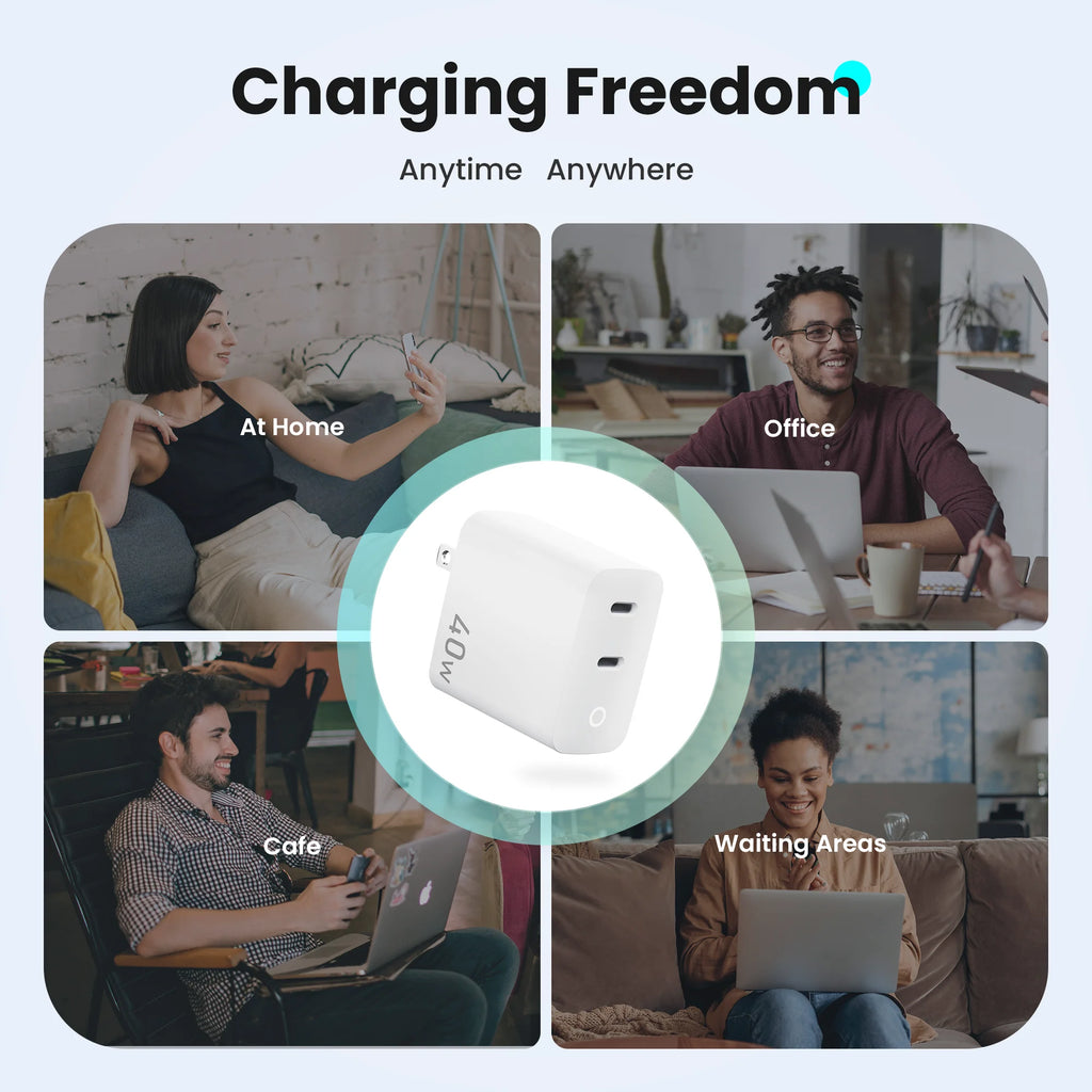 40W 2 Ports USB-C Type-C GaN Fast Charger with Charging Light, Fast Charging Block with 3.3Ft Type-C Charging Cable For IPhone