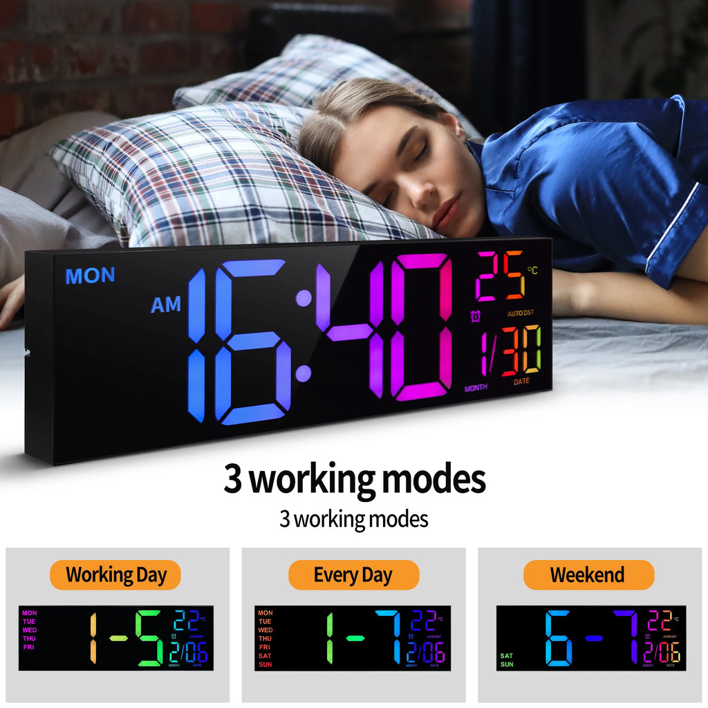 16" Large Digital Wall Clock, Big LED Display with Remote, 8 RGB Color,