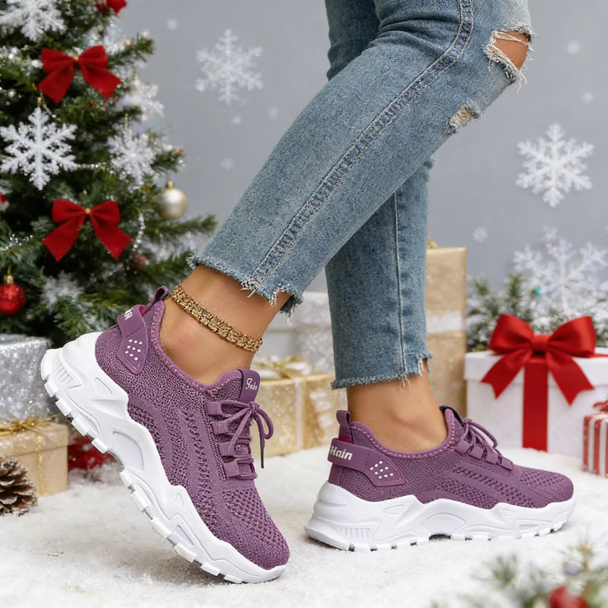 Fashion Knitted Sneakers for Women Mesh Breathable Lace-up Casual Sports Shoes Women's Casual Shoes