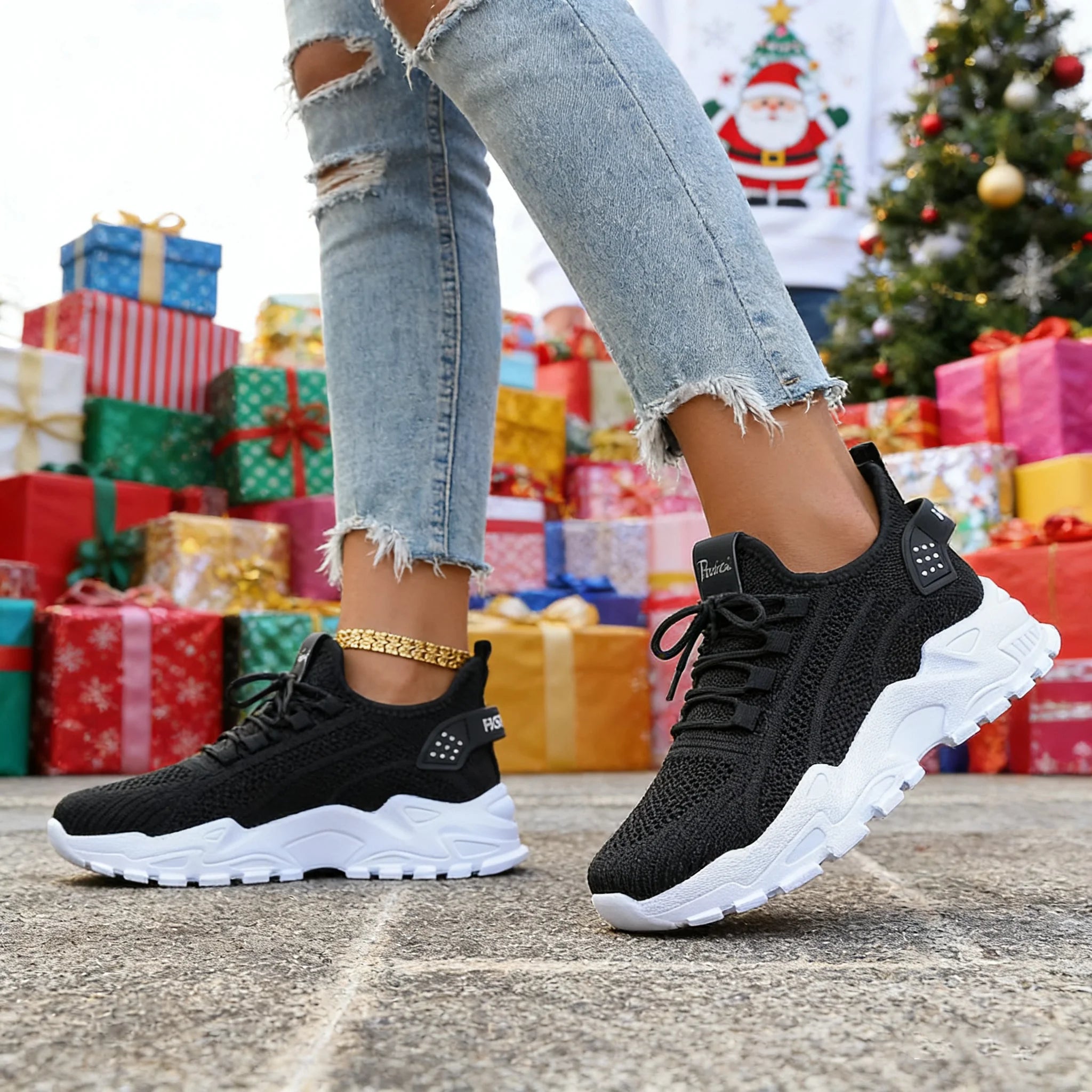 Fashion Knitted Sneakers for Women Mesh Breathable Lace-up Casual Sports Shoes Women's Casual Shoes