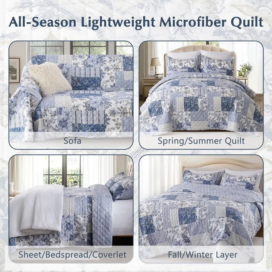 XL Queen Quilt Set 90x96 Inches, Blue Floral Boho Bedspread Farmhouse