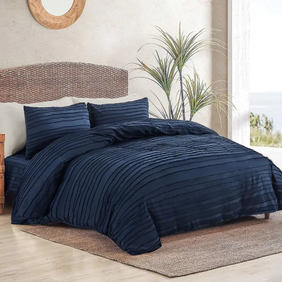 Duvet Cover King Size, Navy 3 Pieces Boho Tufted Duvet Cover Set, Soft and Lightweight Microfiber Comforter Cover Set for All Se
