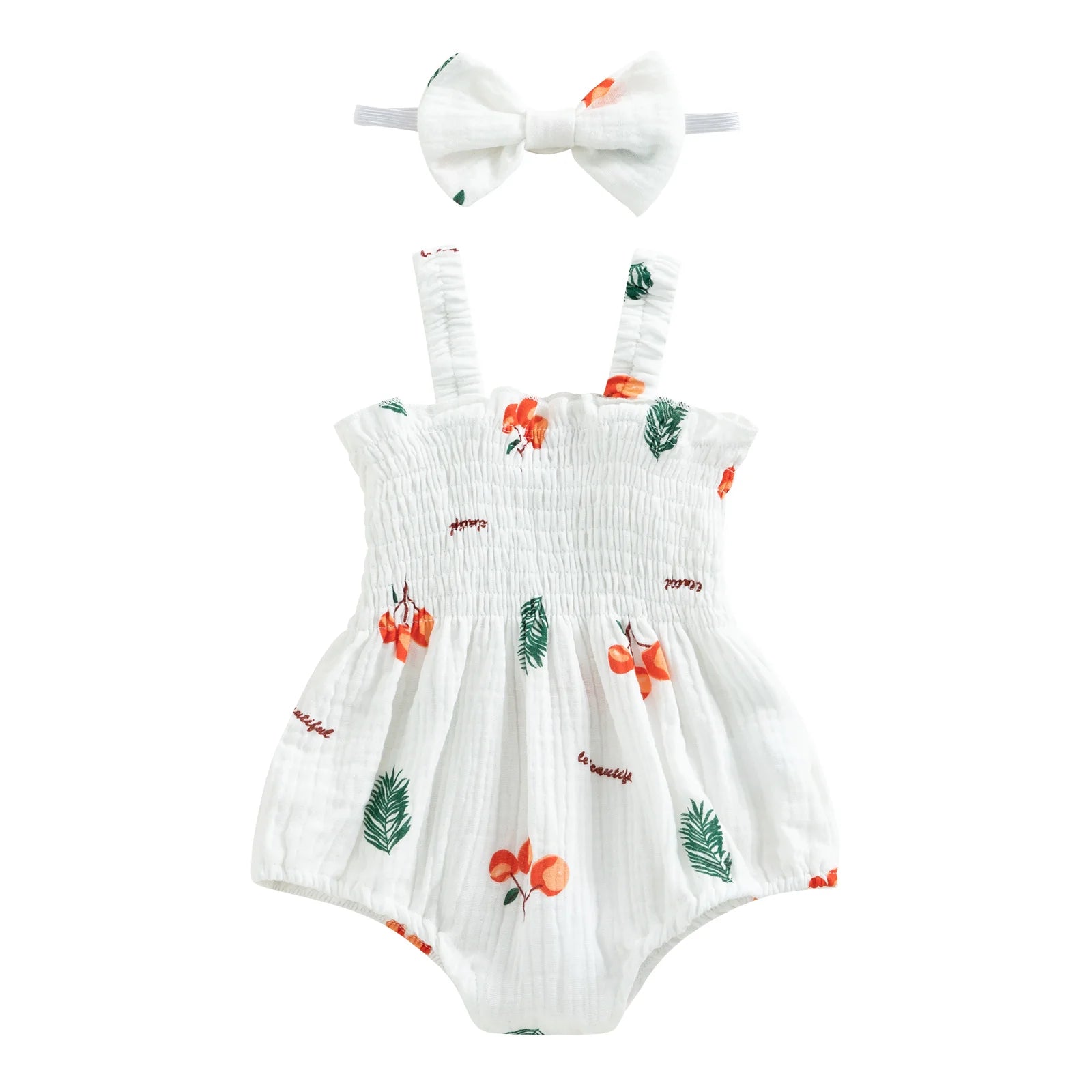 pudcoco Infant Newborn Baby Girl 2Pcs Summer Outfits, Sleeveless Cherry/Carrot/Tree Print Romper with Headband 0-18M