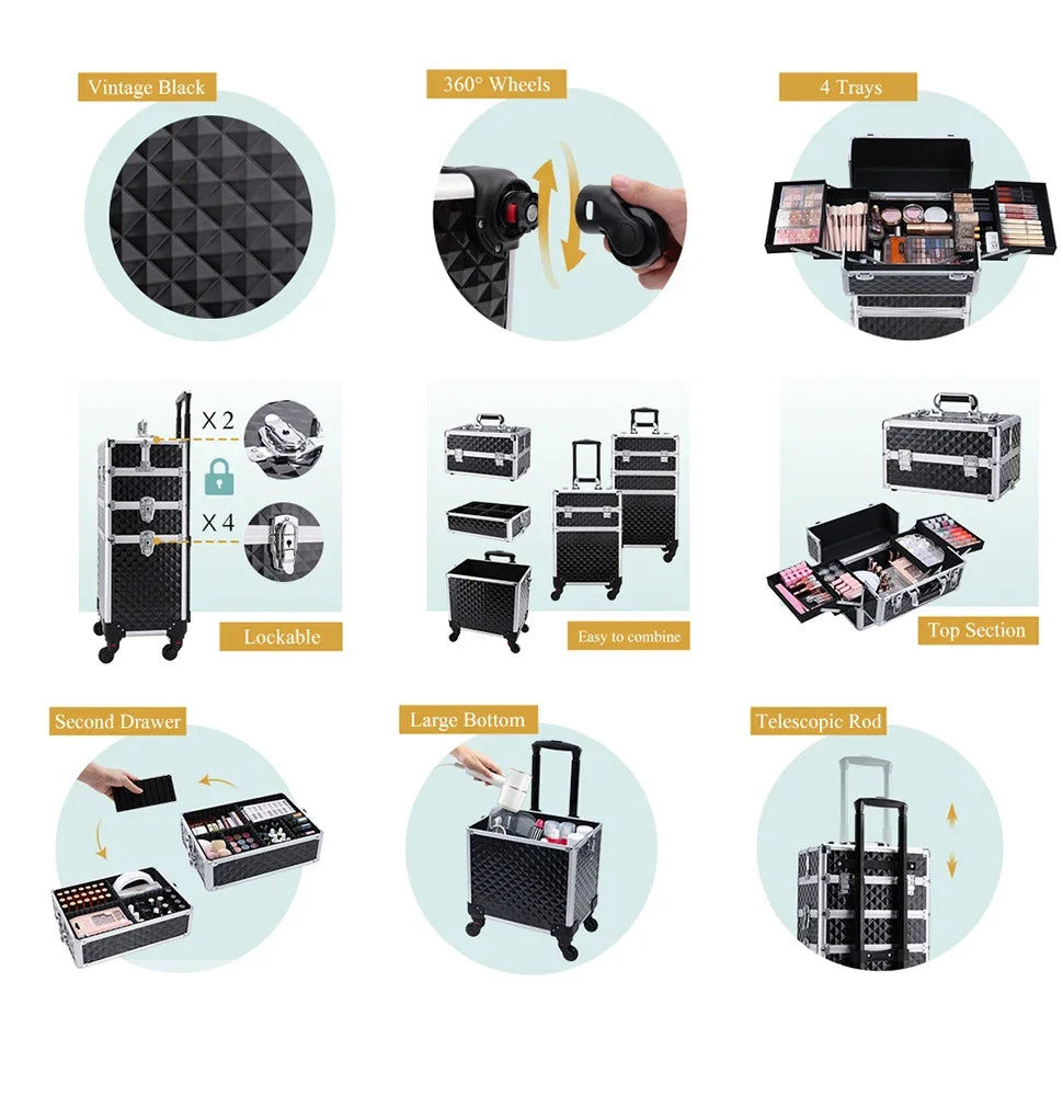 Rolling Makeup Case 3 In 1 Removable
 Make Up Case Cosmetology Case On Wheels 
Large Capacity Lockable Makeup Trolley For Salon