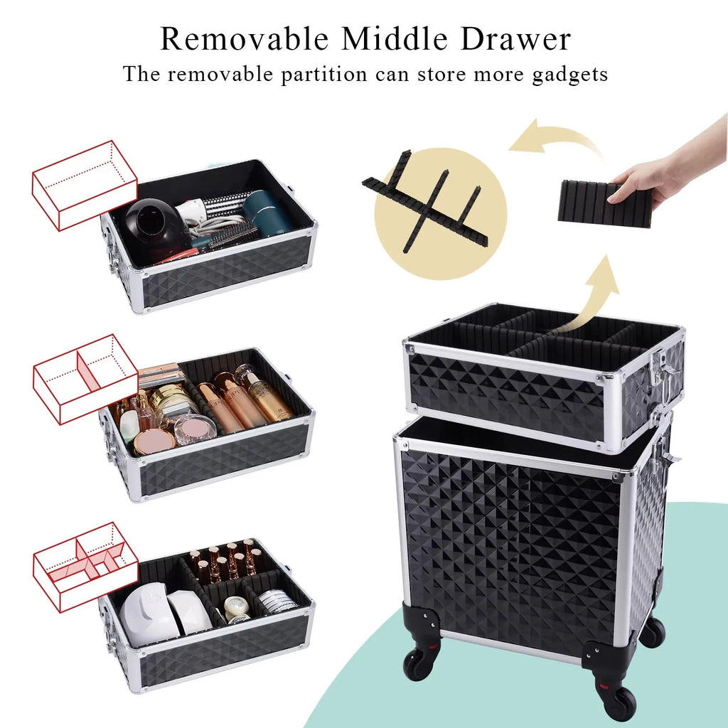Rolling Makeup Case 3 In 1 Removable
 Make Up Case Cosmetology Case On Wheels 
Large Capacity Lockable Makeup Trolley For Salon