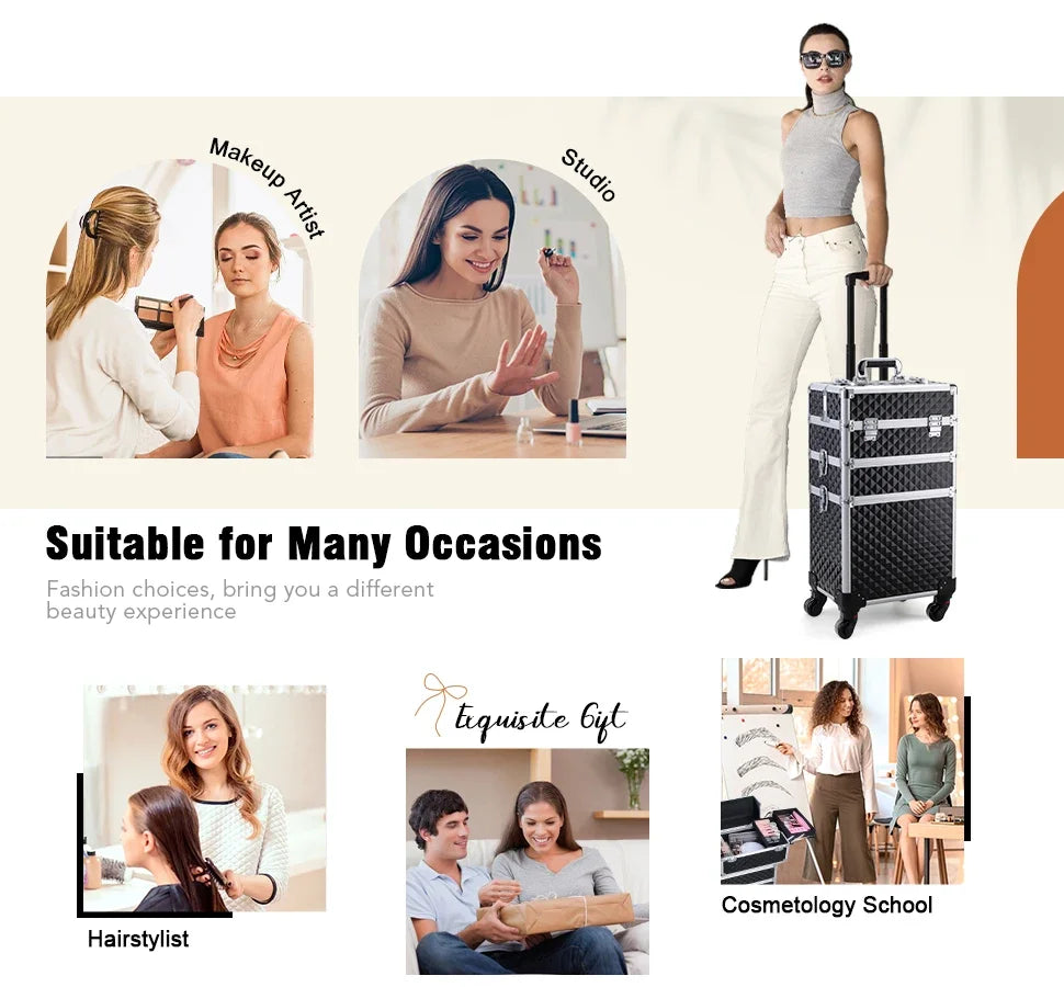 Rolling Makeup Case 3 In 1 Removable
 Make Up Case Cosmetology Case On Wheels 
Large Capacity Lockable Makeup Trolley For Salon