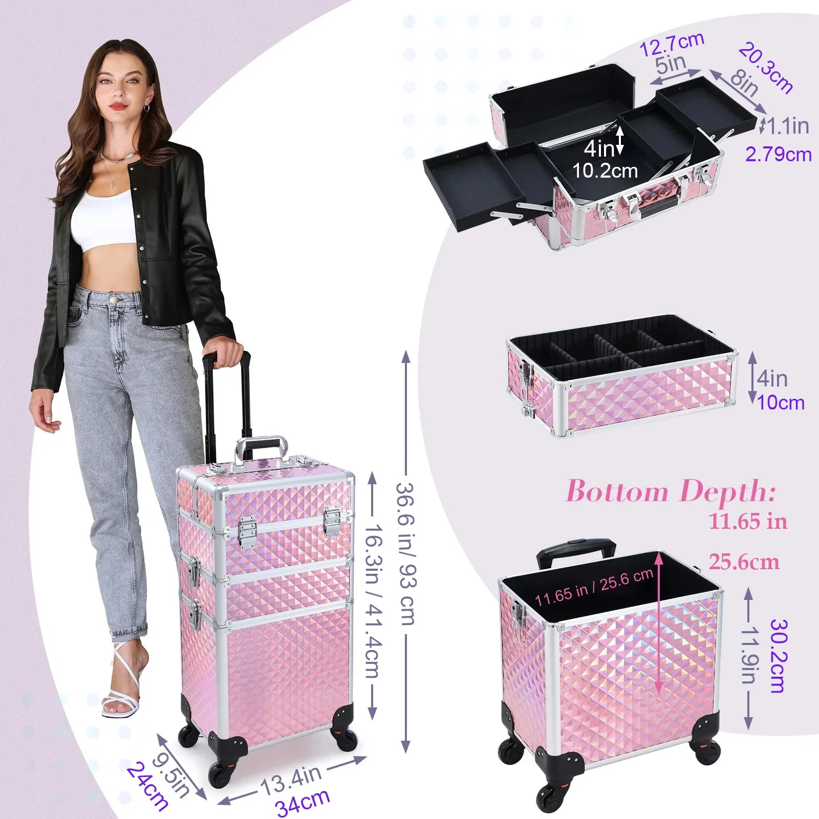Rolling Makeup Case 3 In 1 Removable
 Make Up Case Cosmetology Case On Wheels 
Large Capacity Lockable Makeup Trolley For Salon
