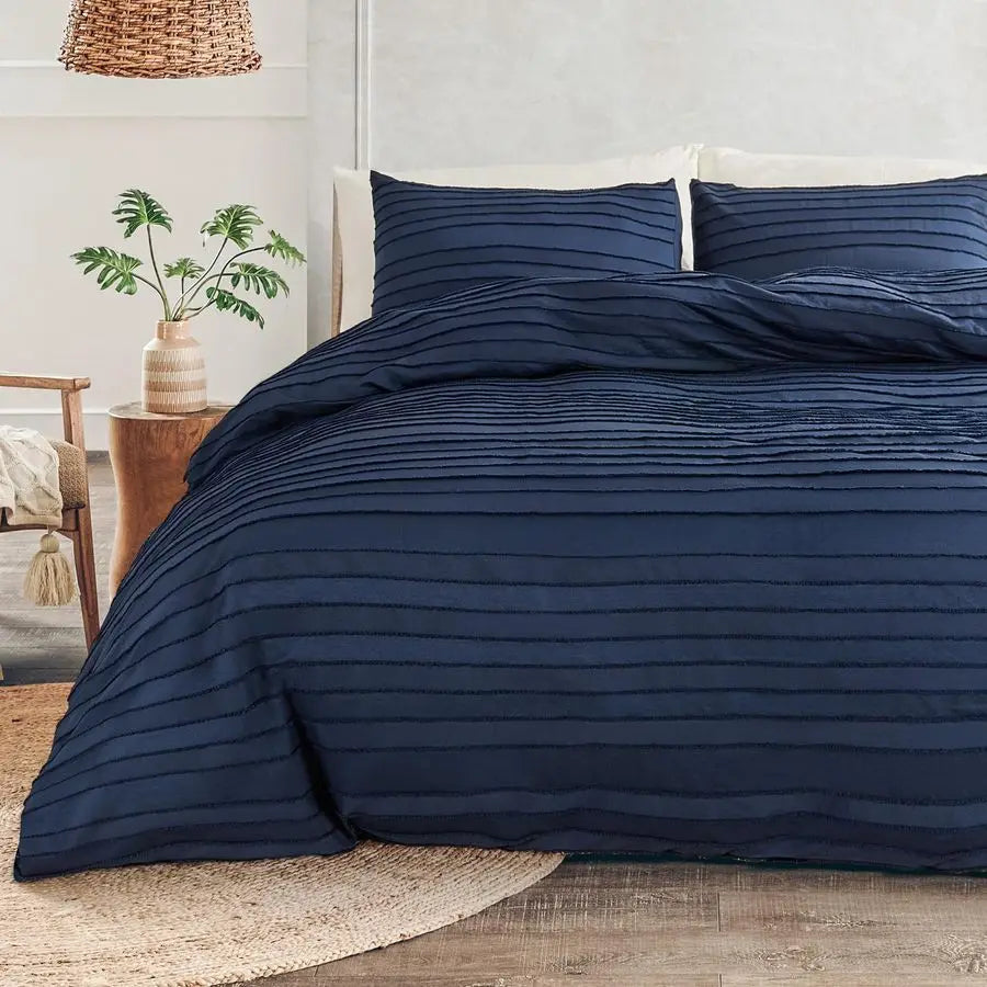 Duvet Cover King Size, Navy 3 Pieces Boho Tufted Duvet Cover Set, Soft and Lightweight Microfiber Comforter Cover Set for All Se