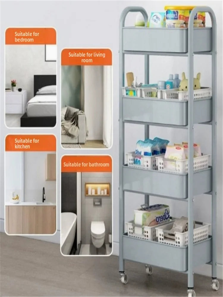 Trolley with Handlebar and Storage Rack, Floor-Standing,  Storage for Kitchen, Bathroom, Snacks, and Toiletries