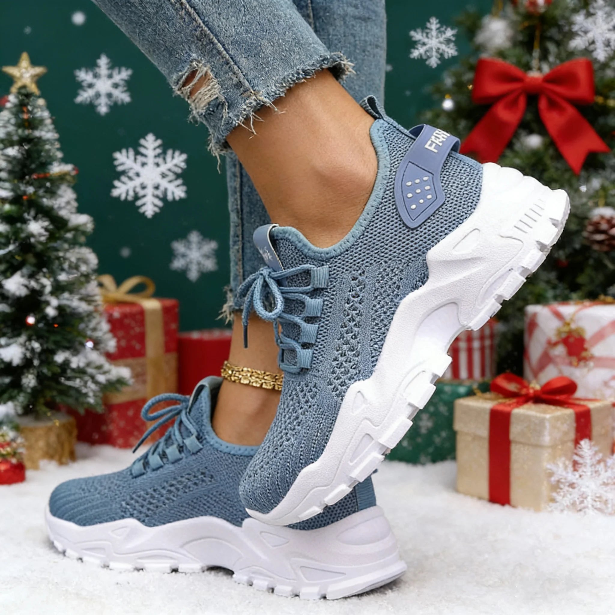 Fashion Knitted Sneakers for Women Mesh Breathable Lace-up Casual Sports Shoes Women's Casual Shoes