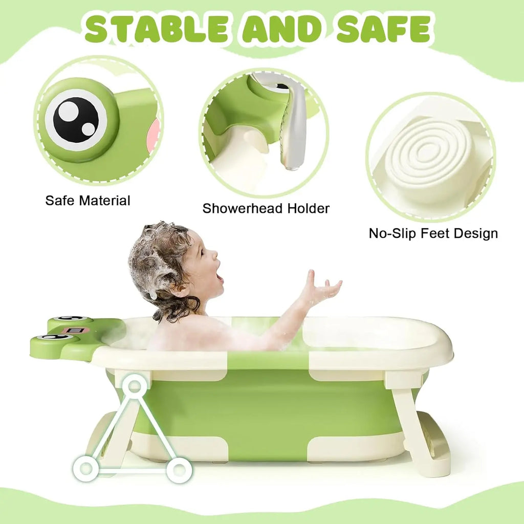 Baby Bath Tub with Bath Cushion Foldable Bathtub with Thermometer Shower Cap Shower and Toddler 0-36 Months