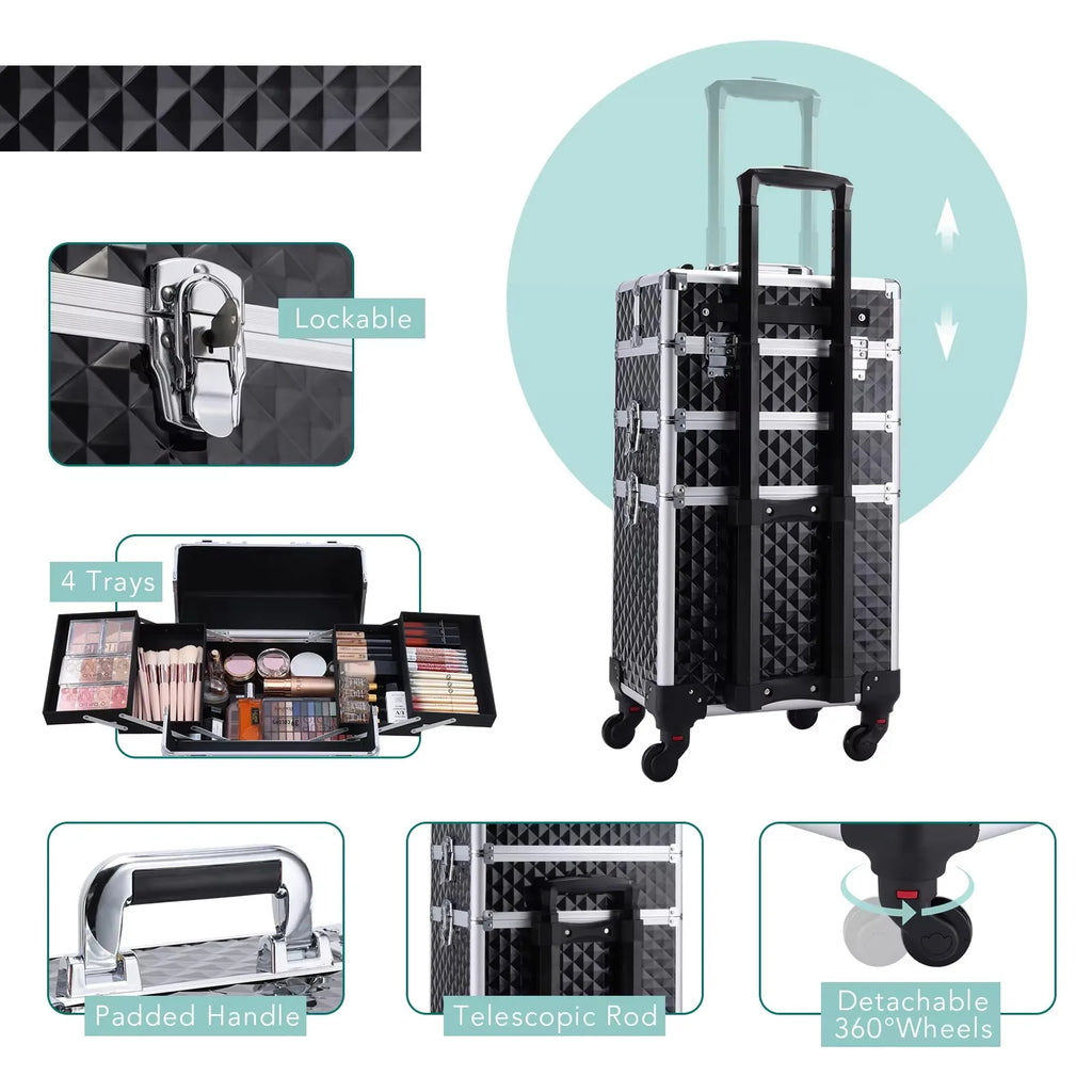 Rolling Makeup Case 3 In 1 Removable
 Make Up Case Cosmetology Case On Wheels 
Large Capacity Lockable Makeup Trolley For Salon