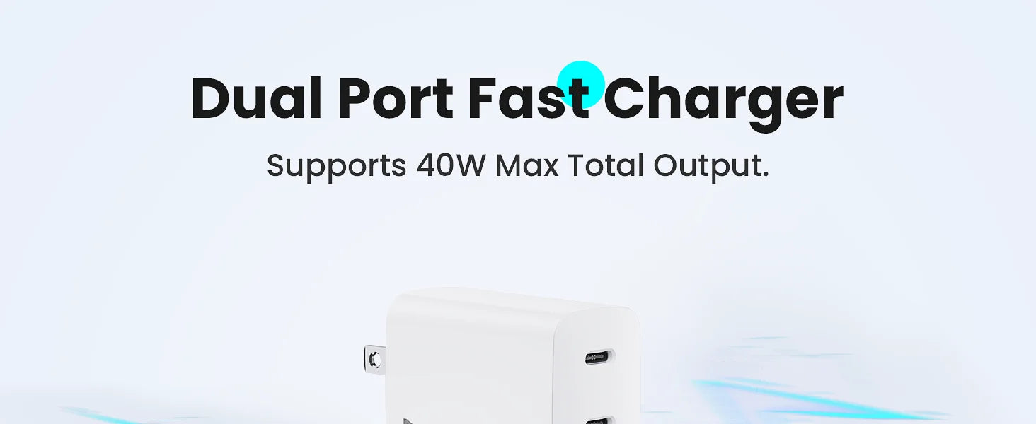 40W 2 Ports USB-C Type-C GaN Fast Charger with Charging Light, Fast Charging Block with 3.3Ft Type-C Charging Cable For IPhone