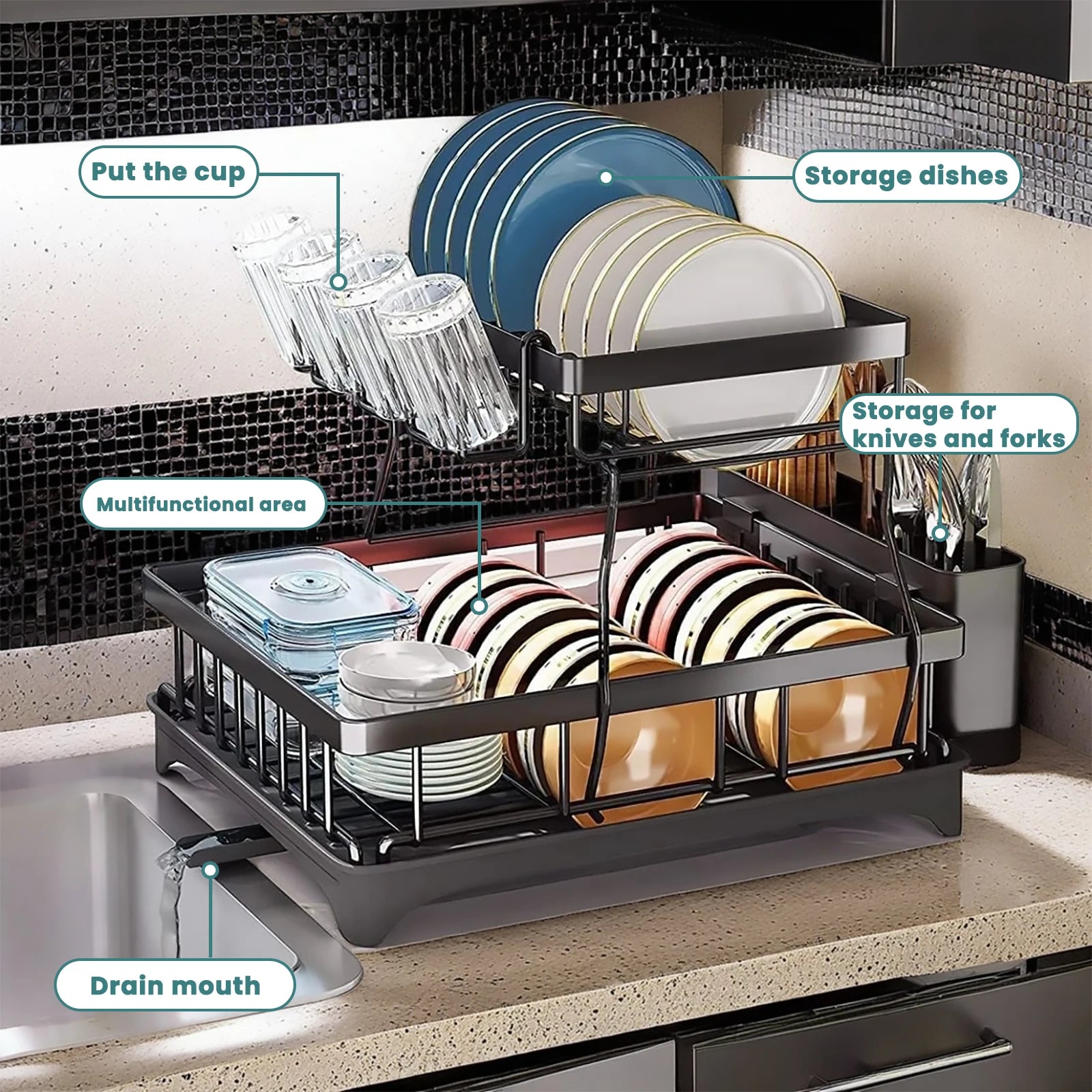 Large 2-tier dish drying rack for kitchen countertops