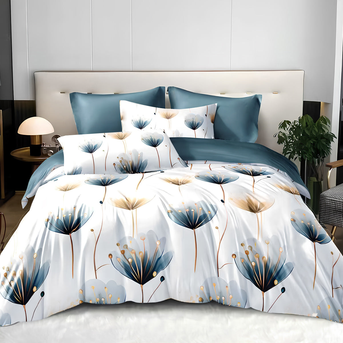 3-Piece Blue & White Floral Duvet Cover Set