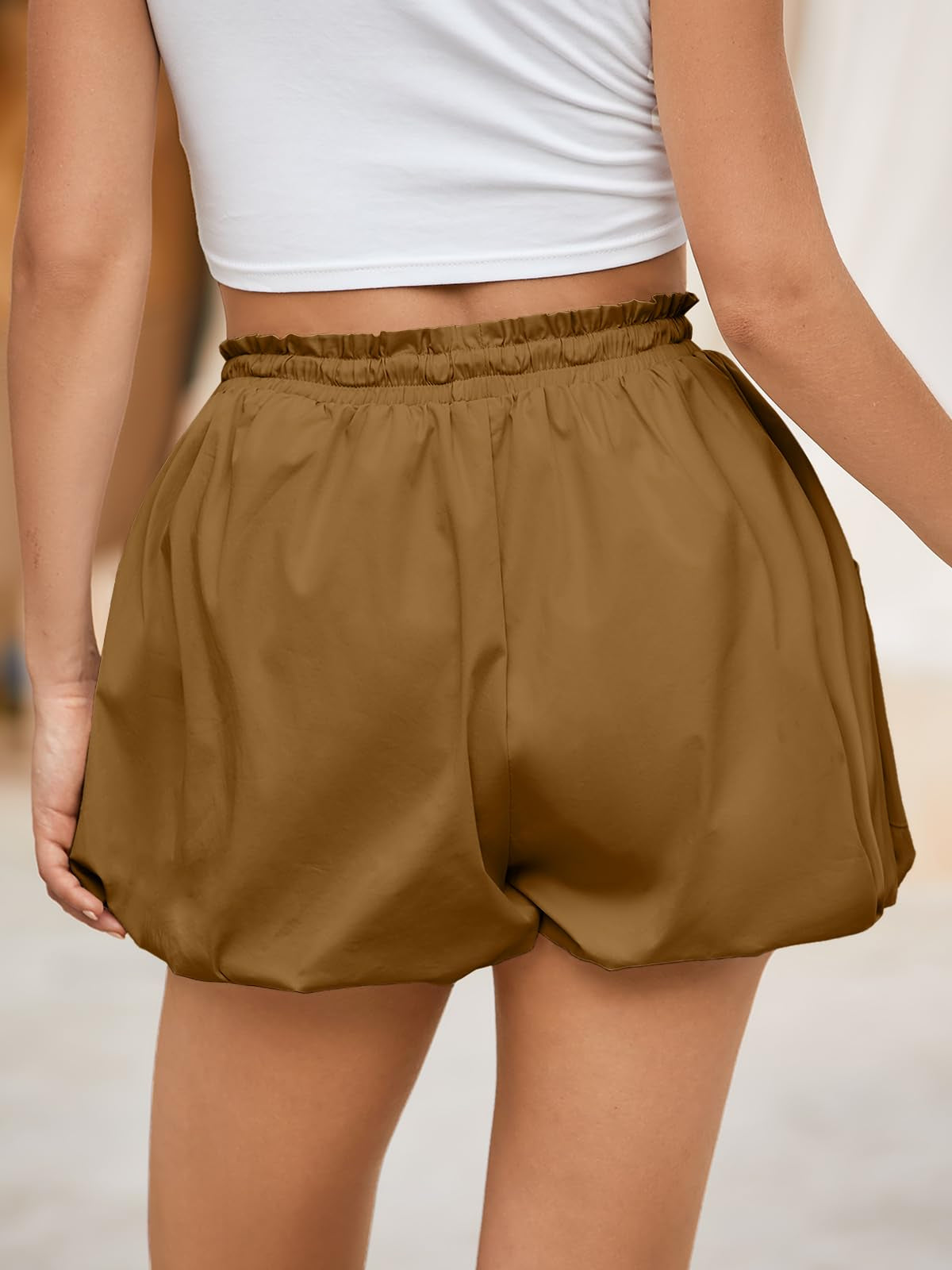 Fisoew Women's High-Waisted Bubble Shorts with Pockets