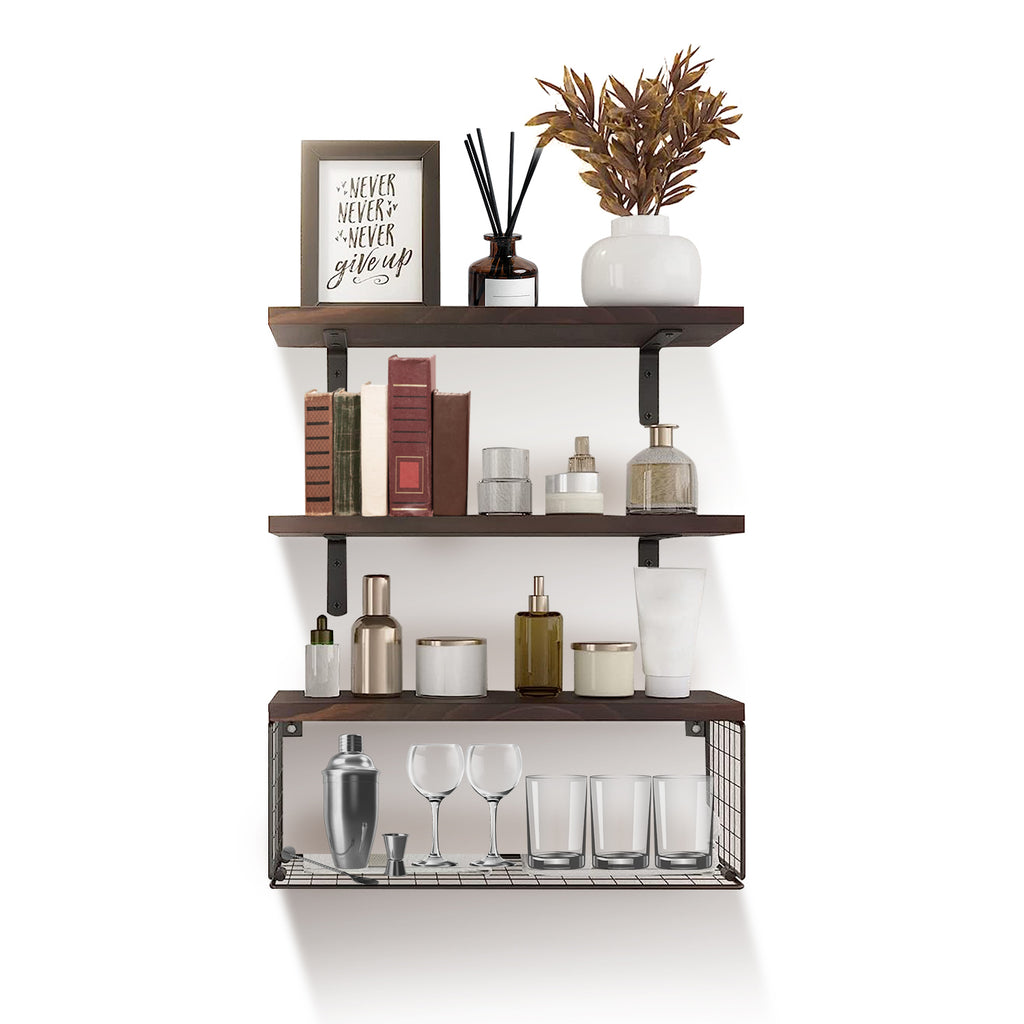 2-in-1 Floating Shelves with Wire Basket
