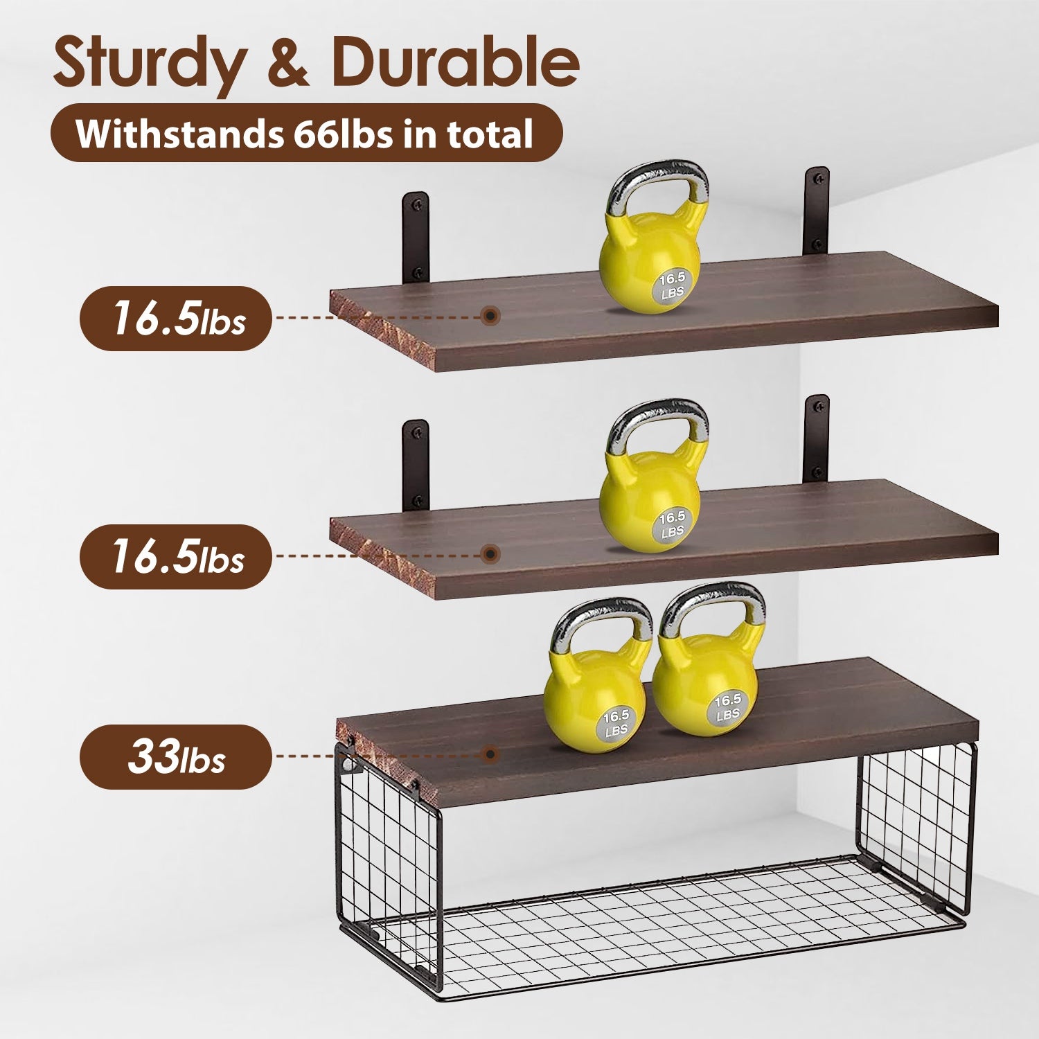 2-in-1 Floating Shelves with Wire Basket
